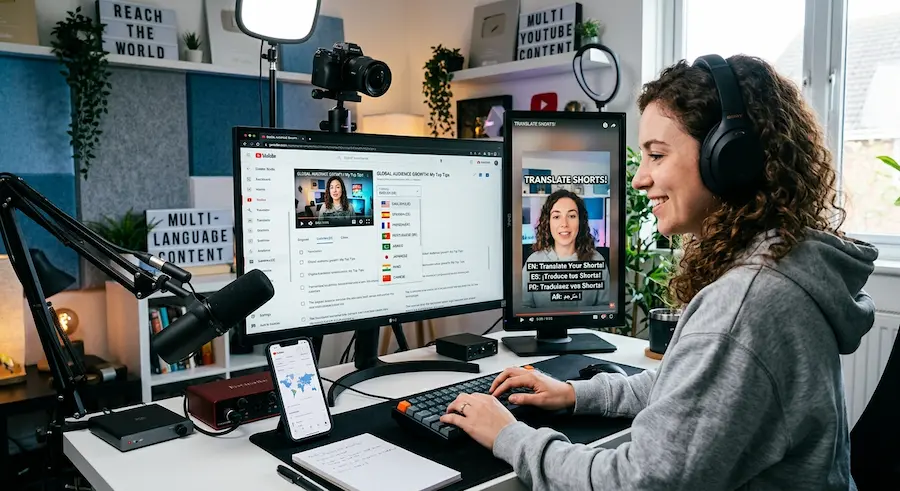 Una creatrice di contenuti monta un video con cuffie e microfono